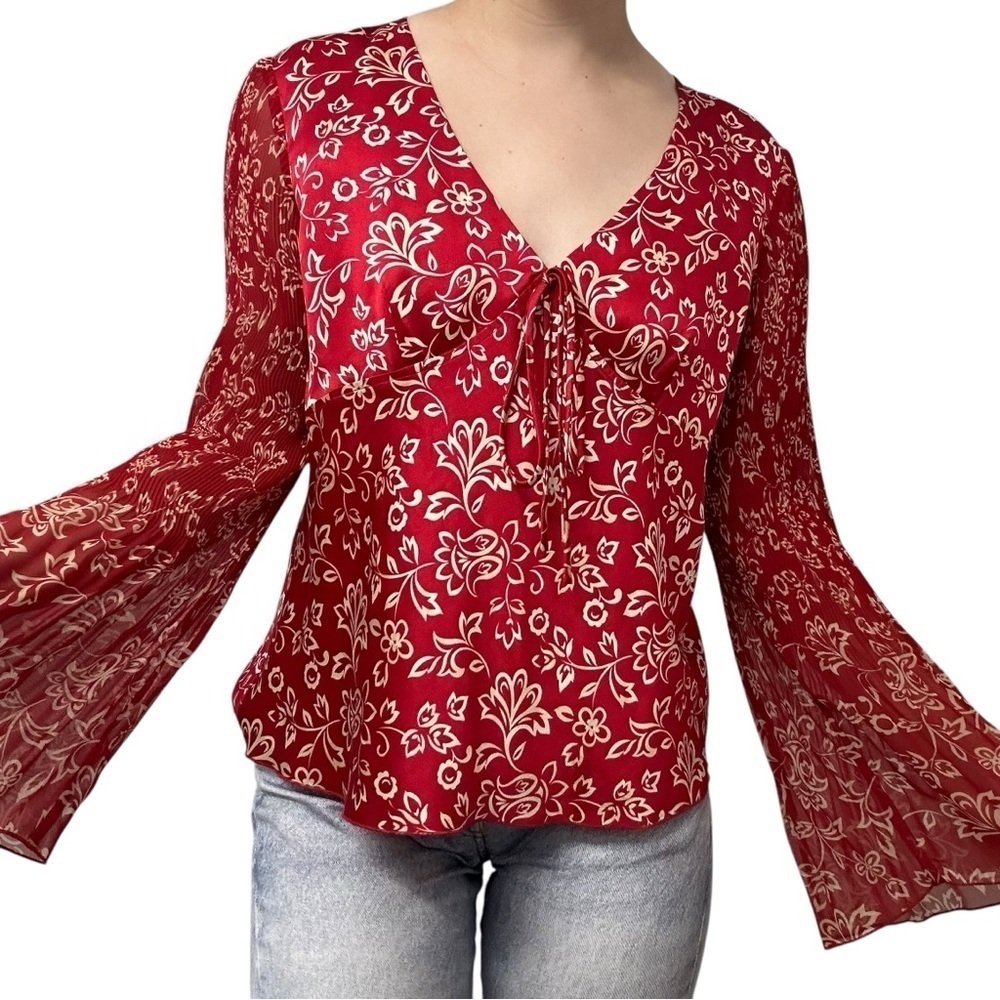 Y2K Blouse Flare Sleeve Whimsigoth Boho Silk Red Floral Fairy Size 10 Medium